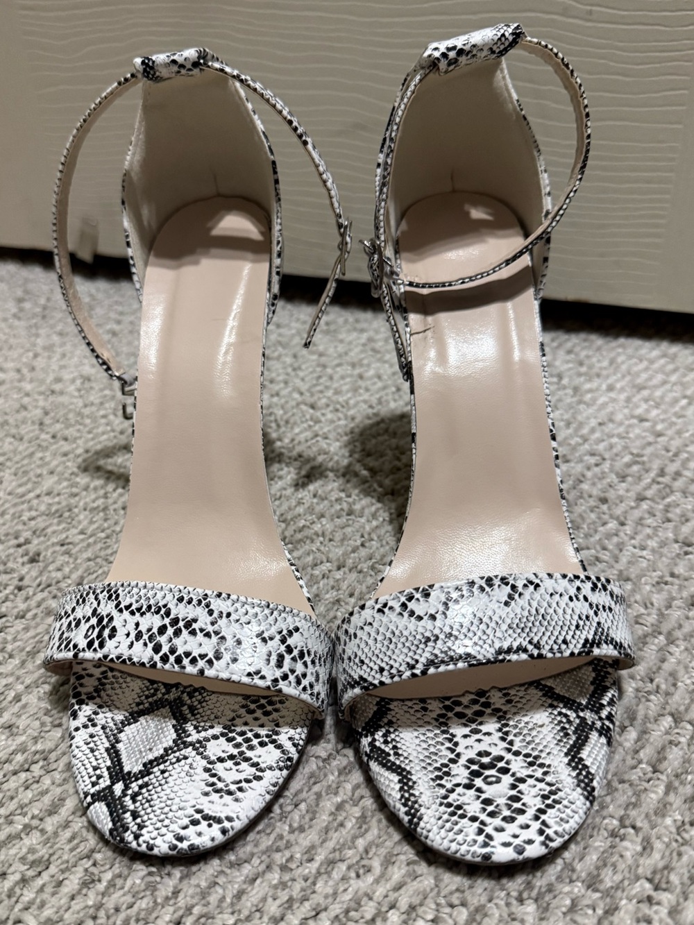White & Black Snake-Print Ankle Strap Heels in
